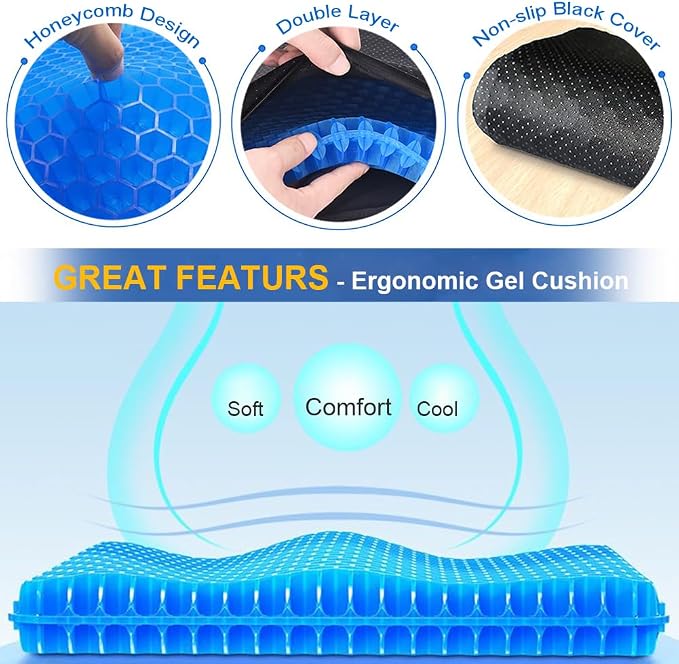 Gel Seat Cushion, Super Large Gel Cushion Chair Pads with Non-Slip Cover for Home Office Car Seat Wheelchair, Soft Breathable Honeycomb Seat Cushion for Relieve Hip Pain, As Seen On TV - Image 4