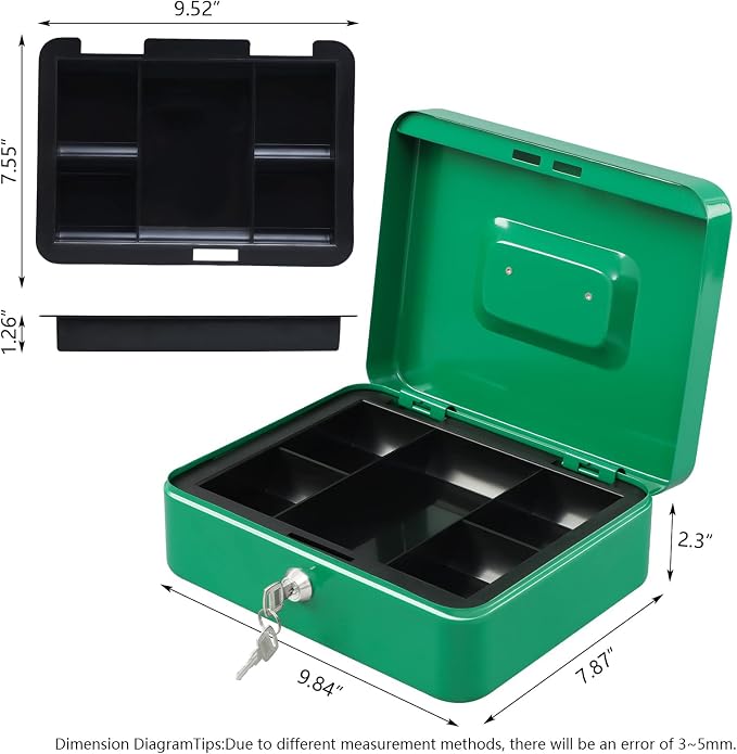 KYODOLED Large Lock Box with Money Tray,Storage Cash Box with Lock,Safe Metal Box for Money,9.84"x 7.87"x 3.54" Green Large - Image 5