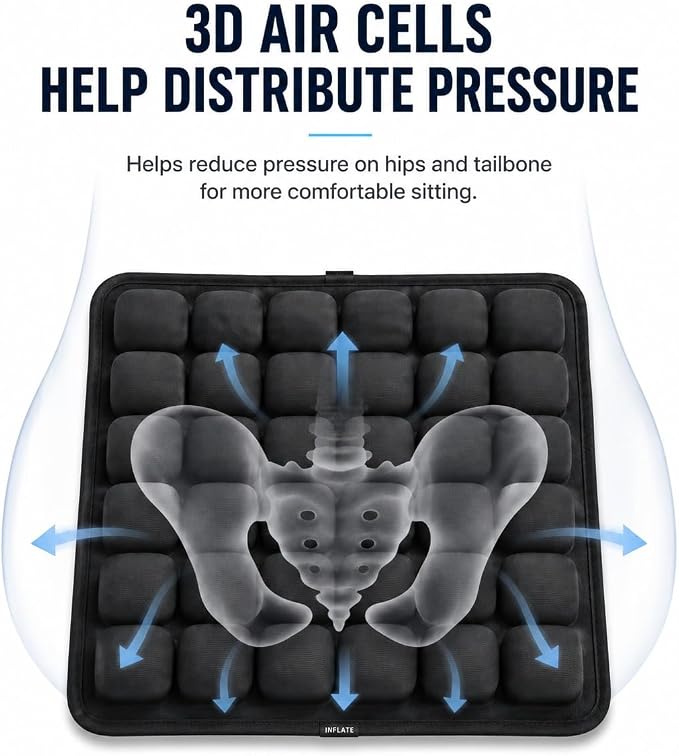 Inflatable Travel Seat Cushion with Built-in Pump - Compact Airplane Seat Cushion for Long Flights - Ergonomic Air Pad for Car, Stadium Bleachers & Desk Chair Comfort (Dark) | Built-In Pump - Image 4