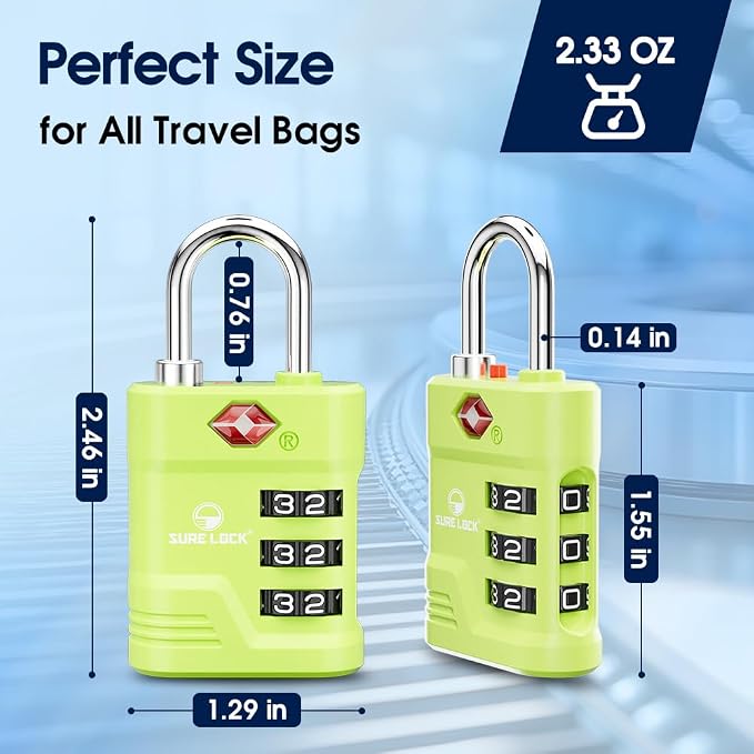 SURE LOCK TSA Approved Luggage Lock – 3-Digit Resettable Combination Padlock with Open Alert Red Dot, Large Easy-Read Dials for Suitcases, Backpacks, Gym & School Lockers (Green 4 pk) - Image 5