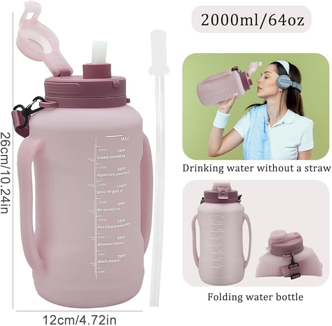 64oz Collapsible Silicone Water Bottle with Straw, BPA-Free,Foldable Water Jug with Handle for Gym, Hiking, Camping,Fishing (Pink) - Image 5