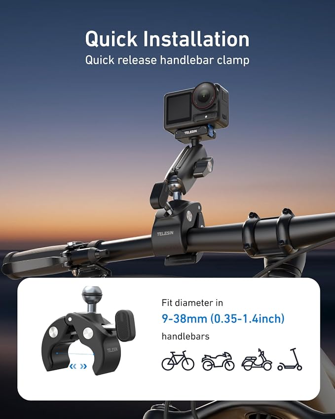 TELESIN Super Clamp Mount | Bike Mount for DJI Osmo Pocket 4 3 /DJI Osmo Action 6/Action 5 Pro/Action 4| Dual-Lock Magnetic Clips | 360°Rotation Ball Head | Fits 9-38mm Handlebar for Bike/Motorcycle - Image 2
