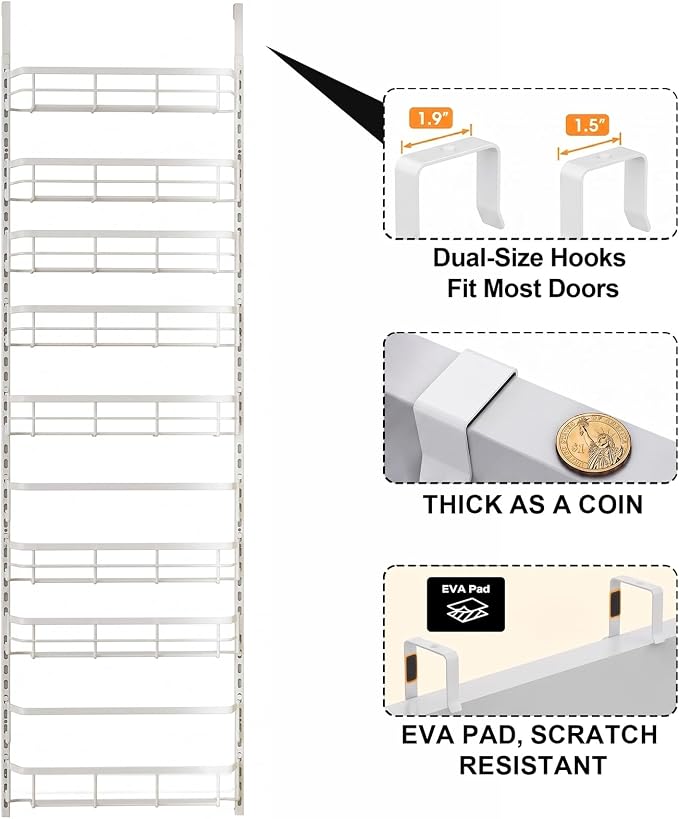Over The Door Pantry Organizer, 8 Tier Adjustable Pantry Door Organization and Storage, Spice Rack with Hooks Mounted Shelves for Pantry Kitchen Essentials, White - Image 2