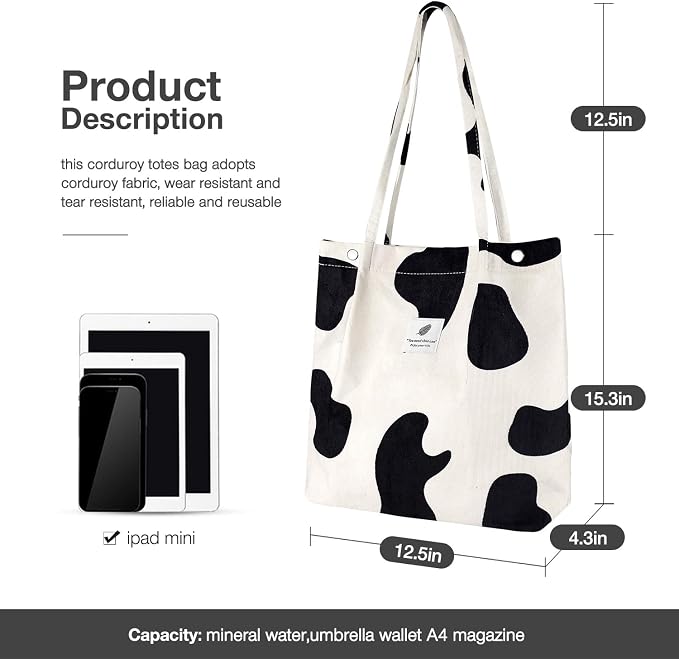LHMTQVK Corduroy Tote Bags for Women, Large Capacity Tote Purse Reusable Grocery Shoulder Bag with Inner Pockets - Image 3