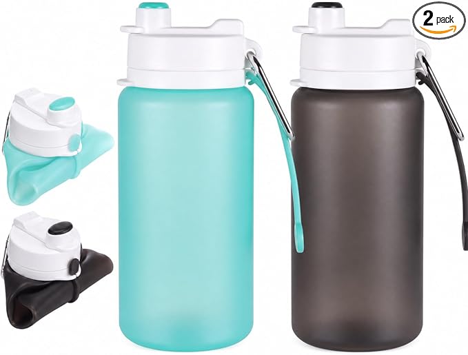 LemonRoad 2 Pcs 19 oz Silicone Collapsible Water Bottle, Green Gray | Portable Foldable Water Bottle, Leakproof, Carabiner, Reusable, Lightweight, for Travel Sport Hiking Camping Cycling Office by Unknown