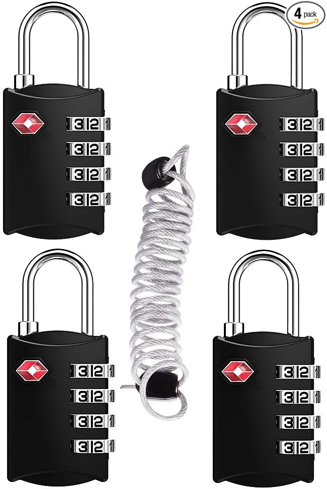 ZHEGE Luggage Lock for Train 4 Pack, 30 in Cable (Black) | TSA Approved Travel Cable Lock for Backpack, Suitcase, School Gym Locker by ZHEGE