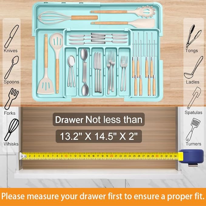 Homecor Silverware Organizer - Expandable Large Kitchen Drawer Organizer Utensil Organizer with 2 Knife Block Inserts, 22"x 19"Cutlery Tray with Drawer Dividers for Kitchen Flatware (Turquoise) - Image 6