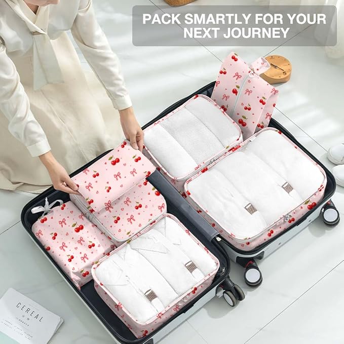 Packing Cubes for Travel,8 Set Luggage Organizer Bags with Mesh Top Panel, Lightweight Suitcase Organizers for Carry On, Family Vacation, Business Trip(Cherry Bows) - Image 7