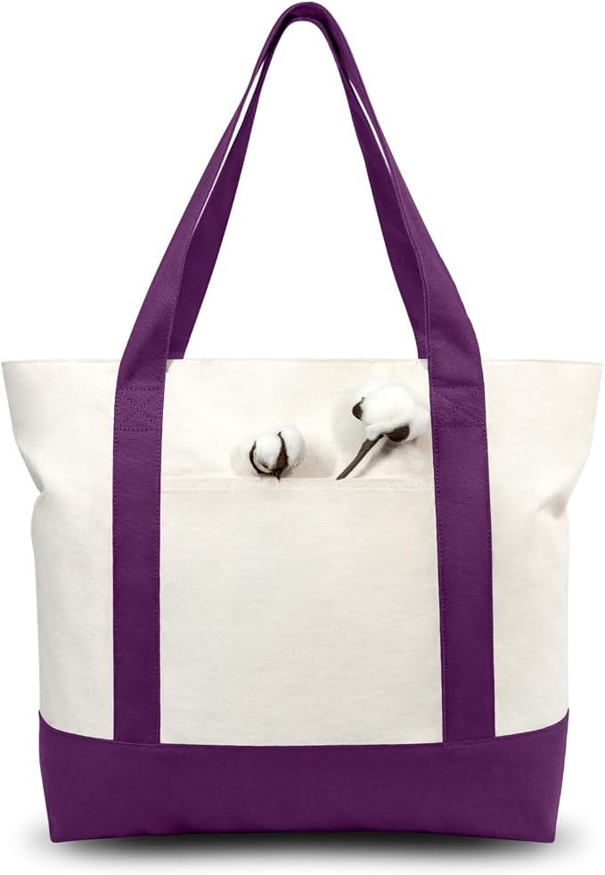 TOPDesign 3-Pack Canvas Tote Bags with an External Pocket, Reusable Grocery Shopping Bags, Top Zipper Closure, Daily Essentials (Purple/Natural) by TOPDesign