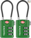 TSA Approved Luggage Locks, Combination Cable Locks, 2 Pack, Green | Search Alert shows TSA key access; resettable 3-digit code and flexible braided steel cable for suitcases and backpacks. by TRAVOCE