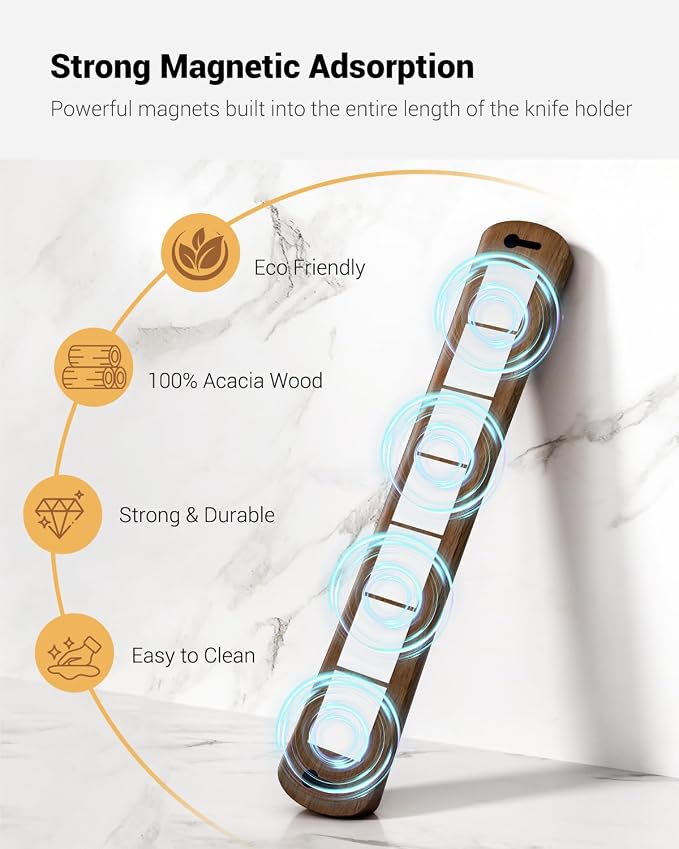 Magnetic Knife Holder, 24 Inch Acacia Wood Knife Strip for Wall or Fridge | Fridge Magnetic or Screw-Mounted, Strong Magnet Secures Knives, Space-Saving, Kitchen Knife Storage, Housewarming Gift - Image 2