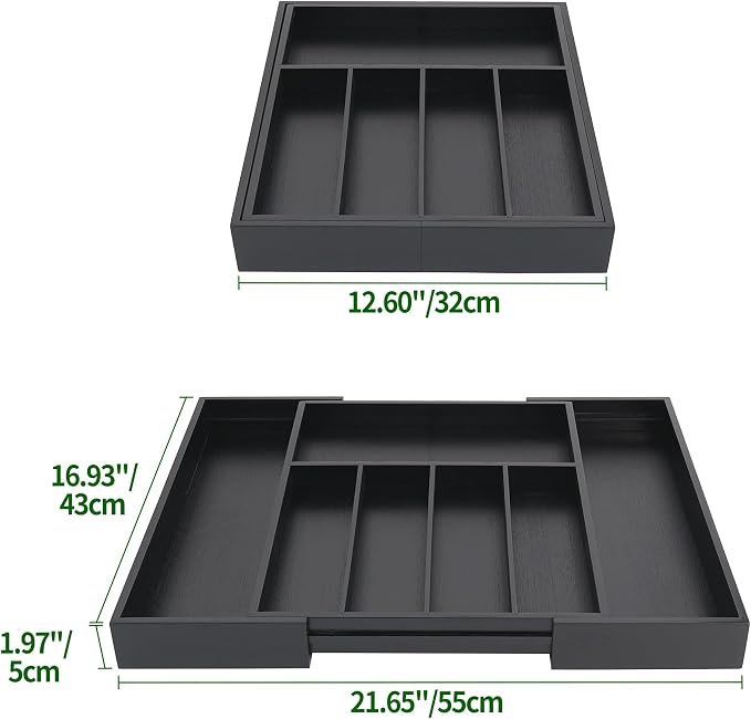 VaeFae Bamboo Drawer Organizer, Large, Black | Cutlery Drawer Holder, Drawer Divider for Silverware, Flatware，43 cm D x 32-55 cm W, 5-7 Slots, Black - Image 3