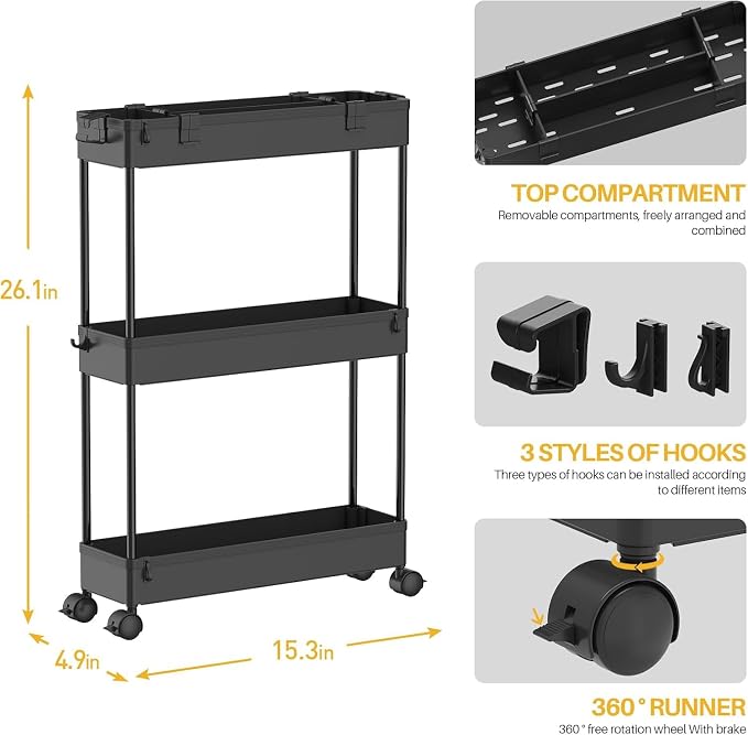 2-piece Set Slim Storage Cart 3 Tier,Bathroom Organizer Rolling Utility,Mobile Shelving Unit Slide Out for Office, Kitchen, Laundry Room & Narrow Places - Image 2