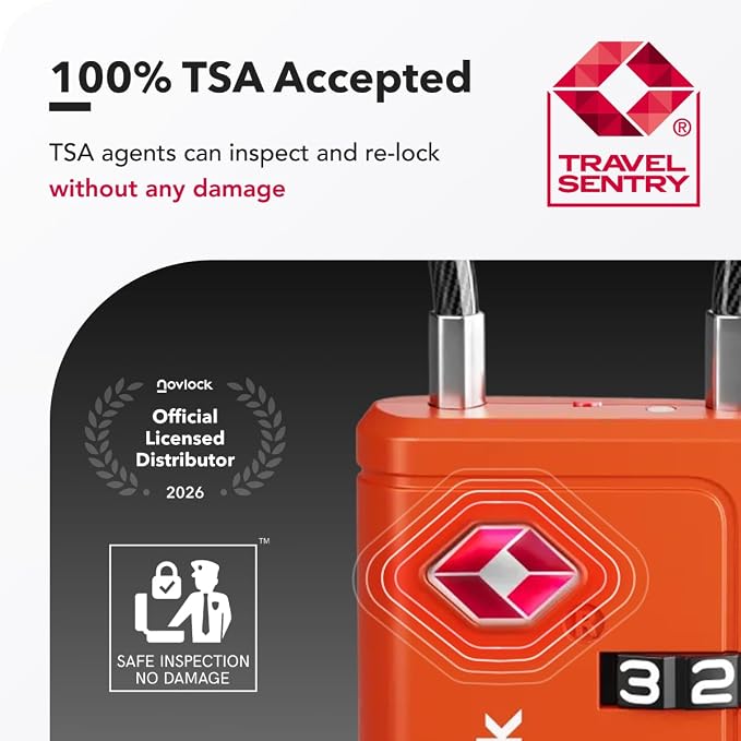 TSA Approved Luggage Locks, Travel Locks with Inspection Indicator | TSA008, Easy to Read Dials, 4 Digit Combination, Flexible Steel Cable, for Suitcases, Backpacks, Bags, 4-Pack, Orange - Image 3