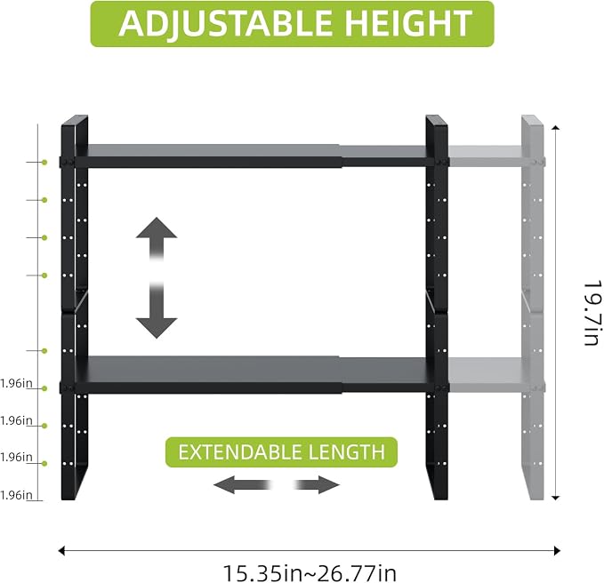 Expandable Cabinet Shelf Organizer Rack, Stackable Kitchen Counter Storage Shelves Stand, Adjustable Height Pantry Shelf Spice Rack (Black-2 Pack, 8.7" D x 15.4-26.8" W x 9.8" H) - Image 3