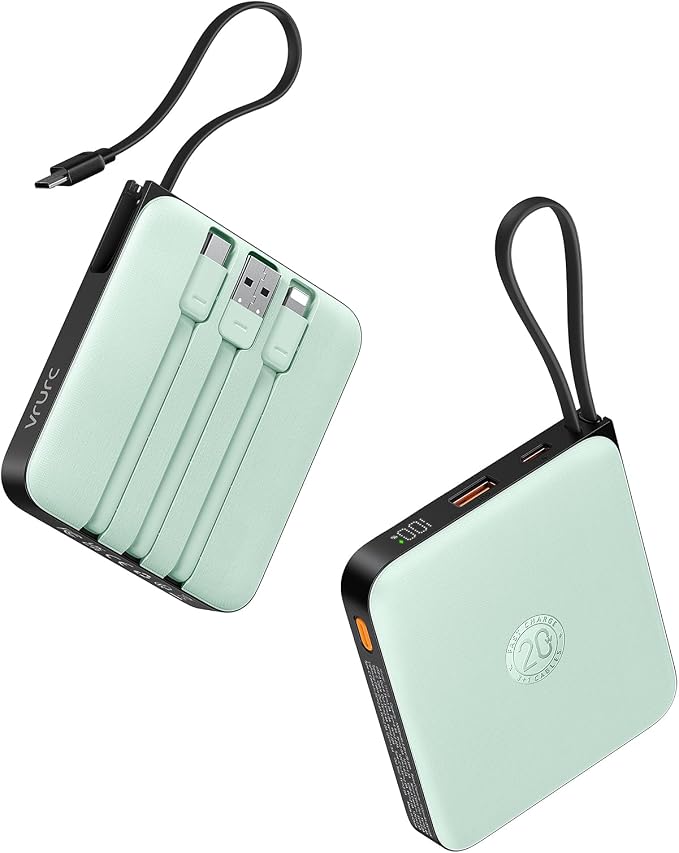 VRURC Portable Charger with Built-in Cable, 10000mAh 22.5W Fast Charging USB C Battery Pack, Cell Phone Power Bank for iPhone 17 16 15 Series Android Tablet (Green) by Home