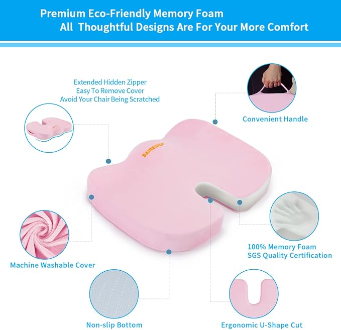 SAIREIDER Office Chair Cushion, Car Seat Cushion, Memory Foam Coccyx Cushion Pads for Tailbone Pain, Sciatica Relief Pillow, Correct Sitting Posture (Pink) - Image 3