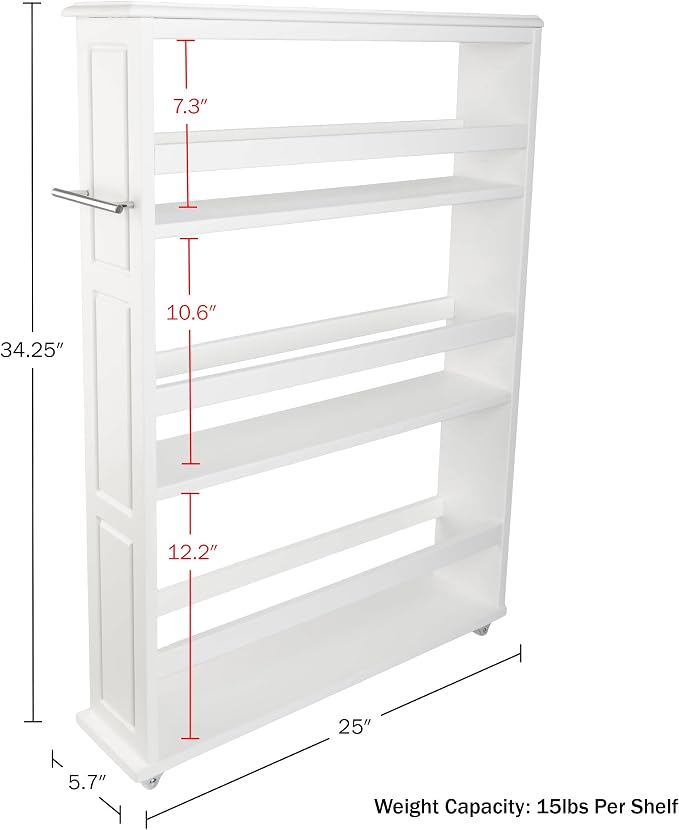 Lavish Home 3 Tier Slim Utility Rolling Storage Cart, White, 25”W x 5.7”D | Narrow Rolling Cart Storage Organizer with Handle and Wheels for Bathroom, Laundry Room, and Kitchen, Pull-Out Home Organizer - Image 2