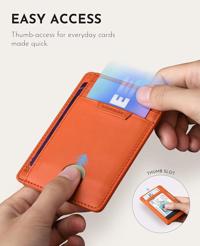 Buffway Slim Wallet for Men Women Minimalist Small Leather Front Pocket Wallets with RFID Blocking and Gifts Box - Bassa Orange - Image 5