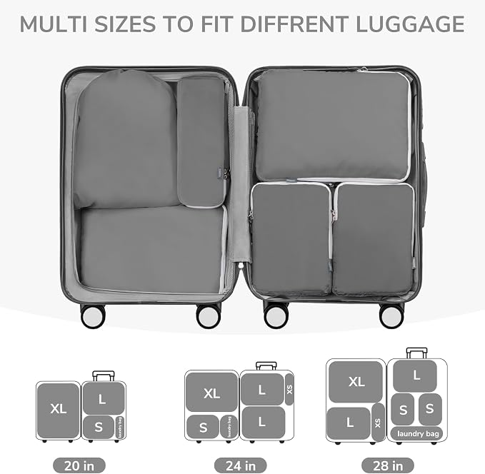 7 Set Compression Travel Packing Cubes for Suitcases, Grey | Travel Essentials for Suitcase, Luggage Organizer Bags for Travel with Shoe Bag, Travel Accessories Expandable Packing Cubes - Image 5
