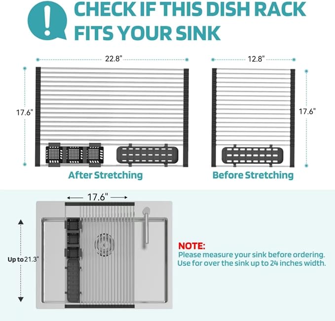 BBXTYLY Extra Large Black Expandable Roll Up Dish Drying Rack Up to 22.8''with 2 Storage Baskets,Over The Sink Kitchen Rolling up Dishes Drainer, Foldable,Rollable - Image 4