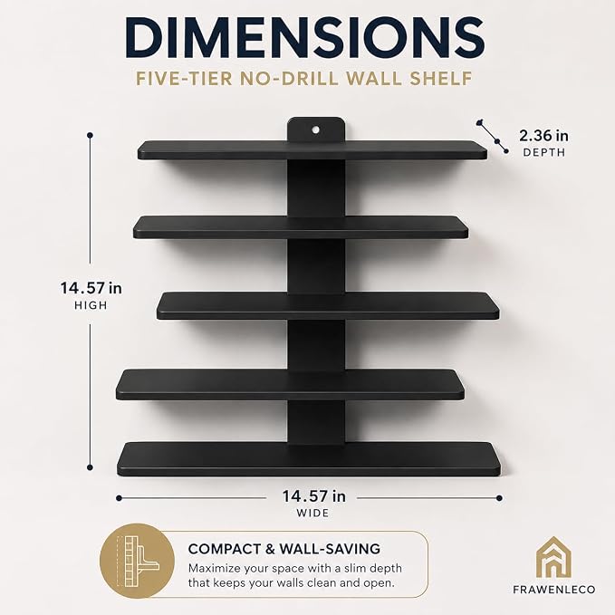 No Drill Wall Shelf, 5-Tier Black Floating Shelves with Adhesive, Damage-Free Wall Mounted Organizer for Bathroom, Kitchen, Living Room, Bedroom(Black) - Image 2