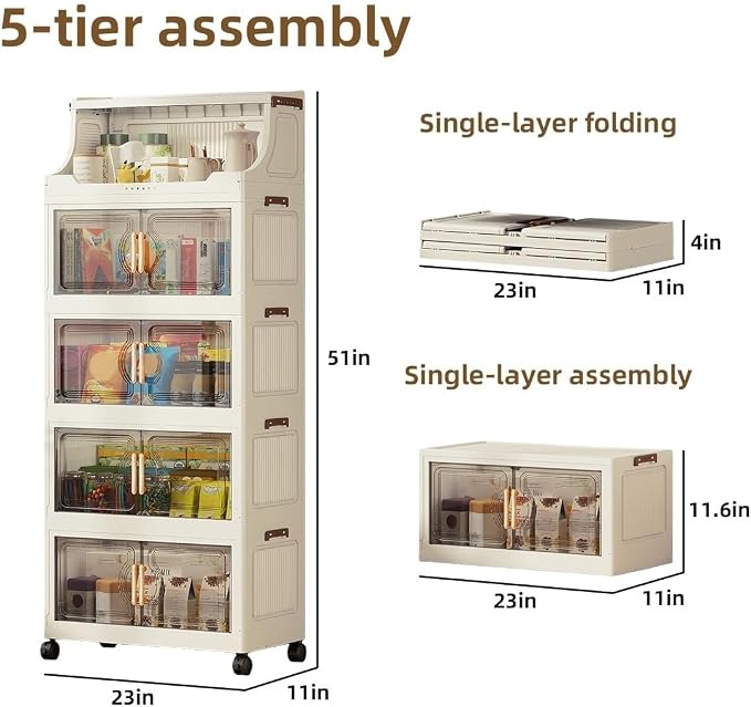 217QT Stackable Storage Bins with Lids & Rack, 5 Tier Large Capacity Foldable Storage Cabinet, Clear Collapsible Pantry Organizer for Home, Kitchen, Bathroom, Dorm, Office, Clear - Image 2