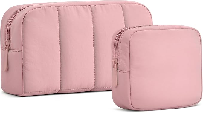 2 Pcs Makeup Bag Travel Toiletry Bag for Women Puffy Padded Cosmetic Pouch Purse Wide-open Makeup Organizer Case Travel Essentials by oscaurt