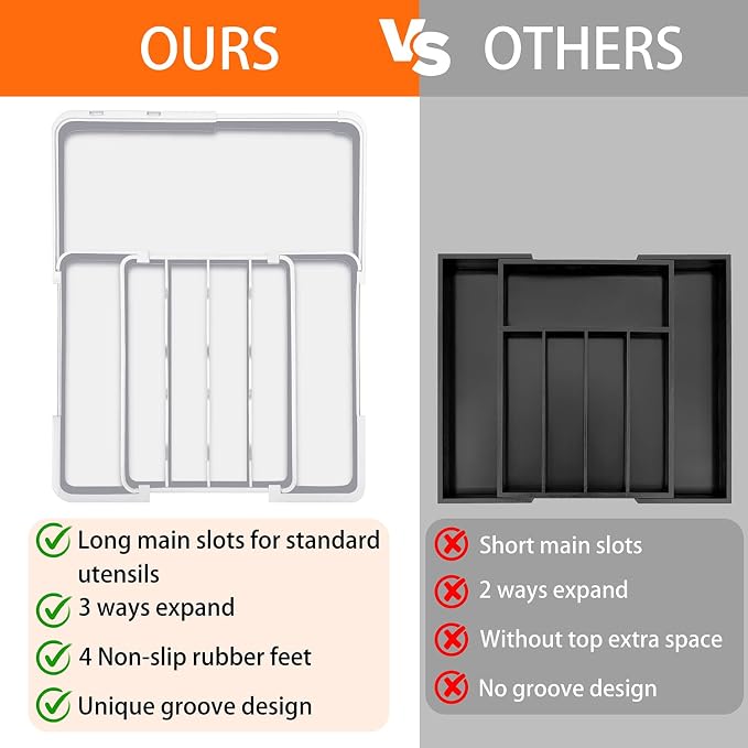Silverware Drawer Organizer, Adjustable Utensil Tray for Kitchen Drawer, 19 x 15 Inches Flatware and Cutlery Holder, Expandable Plastic Storage for Spoons Forks Knives, 4-7 Slots, White - Image 6