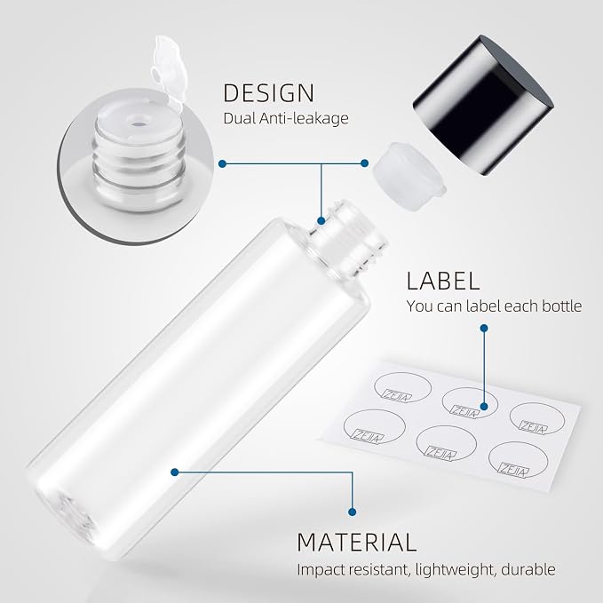 150ML/5OZ Travel Size Toiletries, 3 Pack Travel Size Containers | Double Leak Proof & Refillable Plastic Travel Bottles for Shampoo, Lotion, Body Wash with 6pcs Labels (Clear) - Image 4