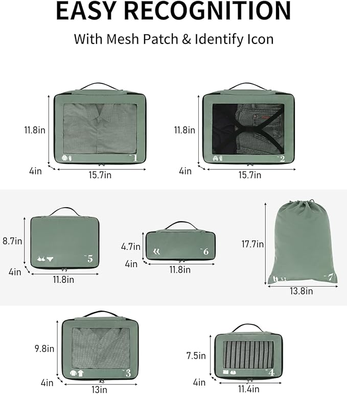ECOHUB 7 Set Packing Cubes Tear-Resistant Luggage Packing Organizers with Number Icon for Travel Accessories Luggage Suitcase Machine Washable Packing Cubes (Green) - Image 6