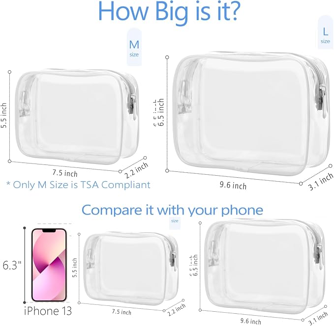 Clear Makeup Bag for Travel - TSA Approved Toiletry Bag, 2 White | 1 Medium Quart Carry-On & 1 Large Checked-Luggage, Reinforced Seams, Water-resistant, Clear Easy-Check for Airport, Women - Image 3
