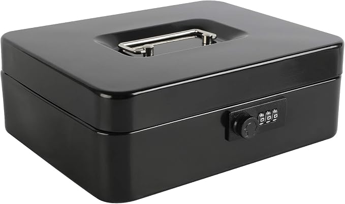 xydled Steel Cash Box Safe with Combination Lock,Money Safe Box with Removable Coin Tray,Large,9.84"x 7.87"x 3.54",Black - Image 3