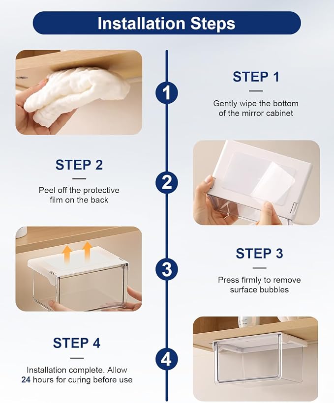 Hanging Cabinet Organizer – 33° Tilted Under Desk Drawer & Bathroom Storage – Self-Adhesive Clear Pull-Out Bins for Kitchen, Office & Vanity (Large) - Image 7