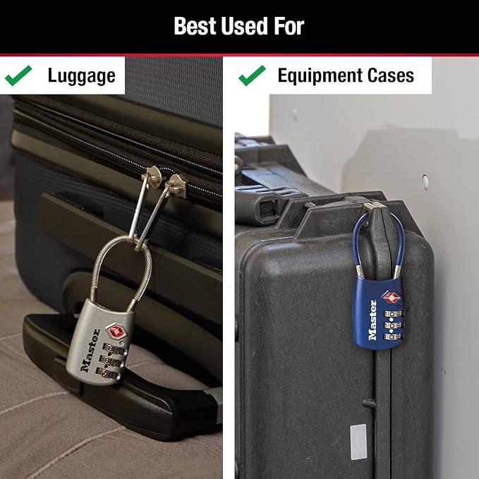Master Lock TSA Approved Combination Luggage Lock, Assorted, 4-Pack 4688EC4 | TSA Accepted Set Your Own Combination Luggage Cable Lock For Suitcases, Backpacks, Travel and Airport Security, 3-digit Lock - Image 3