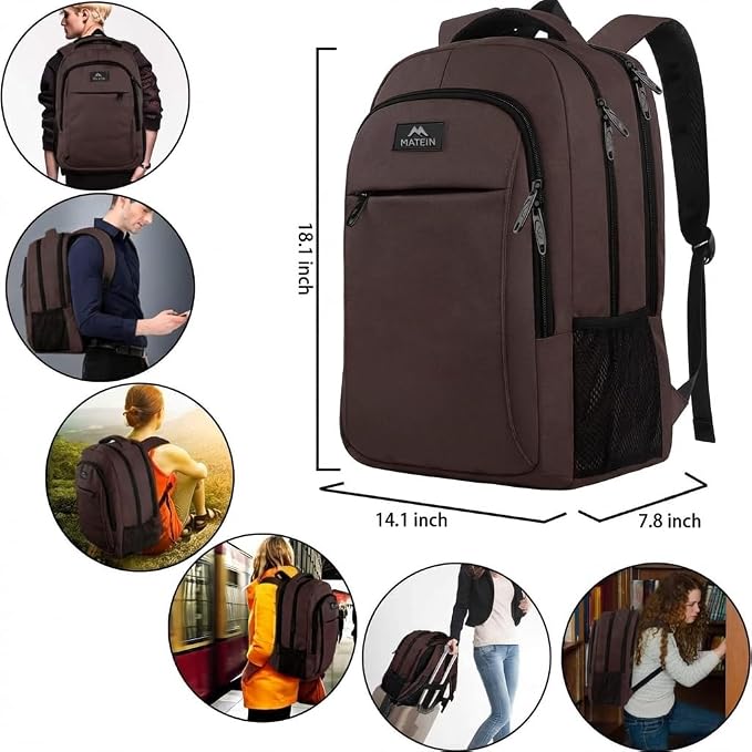 MATEIN Brown 32L Laptop Backpack, 15.6 Inch Water Resistant Work School Bag | Sturdy Casual Daypack, Carry On Underseat Personal Item Bag, Travel Luggage Backpack for Airlines, Hidden Anti Theft Pocket - Image 7