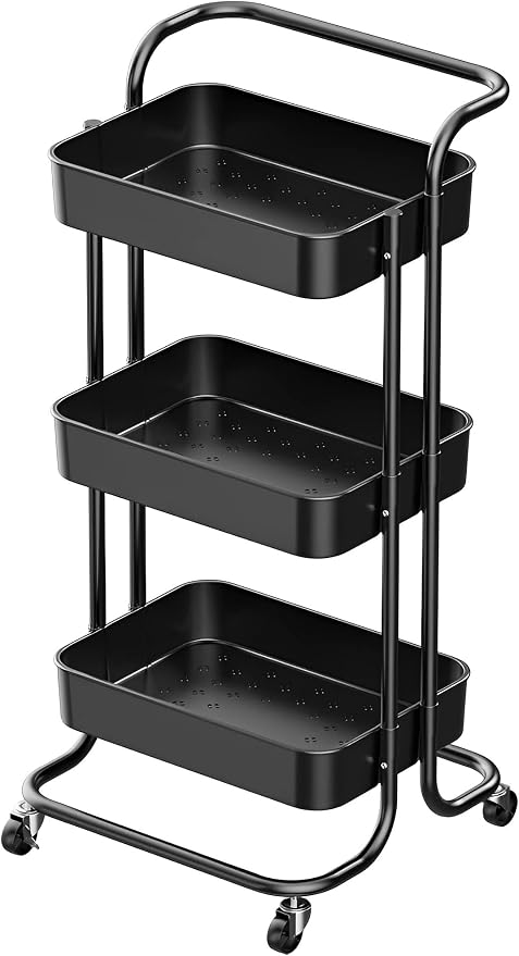 Sooyee 3 Tier Metal Utility Cart with Handle and Lockable Wheels, Black | Rolling Cart Multi-Functional Storage Cart for Office, School,Living Room, Kitchen, Bathroom, Bedroom,Laundry - Image 8