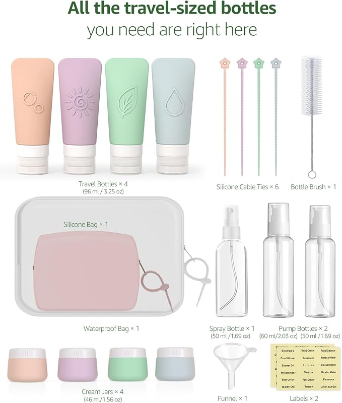 23 Pcs Travel Bottles for Toiletries,Travel Containers for Toiletries | 23-Piece Silicone Travel Bottles Set, TSA Approved Leakproof Toiletry Kit with 2 Bags, Squeeze Bottles, Jars, Pump & Spray - Image 6