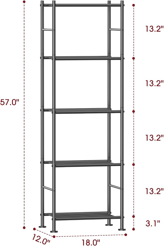 Sakugi Storage Shelves - 5 Tier Shelf Organizer, Sturdy Metal Garage Shelving with Adjustable Leveling Feet, Space-Saving Shelves Organizer for Pantry, Laundry, Kitchen (18" x 12" x 57", Black) - Image 2