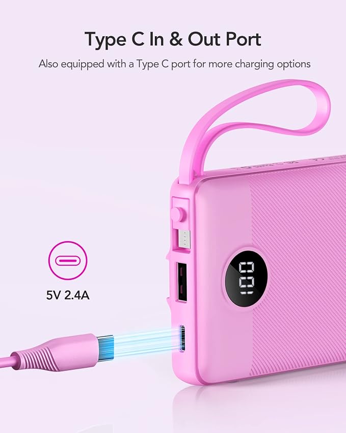 VRURC Portable Charger, Built-in 4 Cables Power Bank 10000mAh, Lightweight USB C Portable Phone Charger, 5 Output 2 Input Compatible with Smart Phones,Samsung,Android etc-Purple(1 Pack) - Image 3