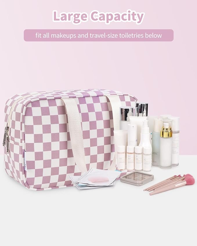Narwey Large Checkered Travel Toiletry Bag Women Toiletries Bag Pink Makeup Bag Organizer Make up bag Cosmetic Bag Medicine Bag for Girls (Dusty Rose Checkerboard, Large) - Image 6