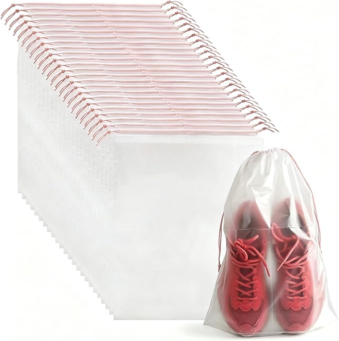 PLULON 26 Pcs Clear Shoe Bags Waterproof Drawstring Bag for Travel | 15.7" x 11.8" Transparent Storage Plastic Bag Shoes Organizer for Packing Dustproof Beach Vacation Cruise Travel Essentials by PLULON