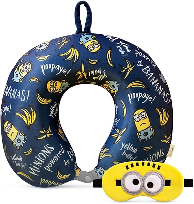 MINISO Minions Travel Neck Pillow with Eye Mask, Cute Cartoon 100% Memory Foam Neck Support Pillow, Lightweight Travelling Pillow Set for Airplane, Car and Home Use by MINISO