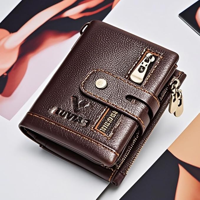 Anti-Theft Mens Wallet with Chain Genuine Leather ID Window Purse with RFID Blocking Bifold Double Zipper Coin Pocket with Gift Box - Image 8