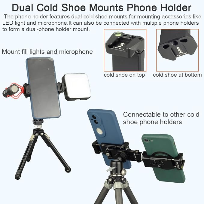Aluminum Phone Tripod Mount Adapter with Cold Shoe and 1/4” Threaded Holes, 360° Rotation 230° Tilt Camera Phone Holder Mount for iphone Camera Monitoring Gimbals Stabilizers Tripods Phone Holder - Image 4