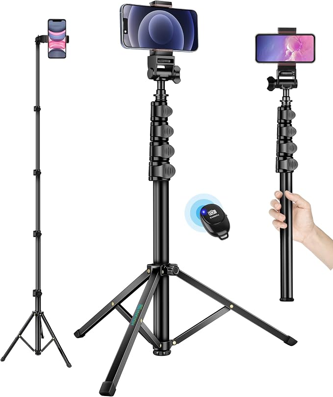 Phone Tripod Stand, 70" Selfie Stick Cell Phone Tripod with Remote | Phone Holder/Carry Bag, Aluminum Alloy Selfie Stick Tripods, Compatible with iPhone Samsung GoPro Smartphone by Nineigh