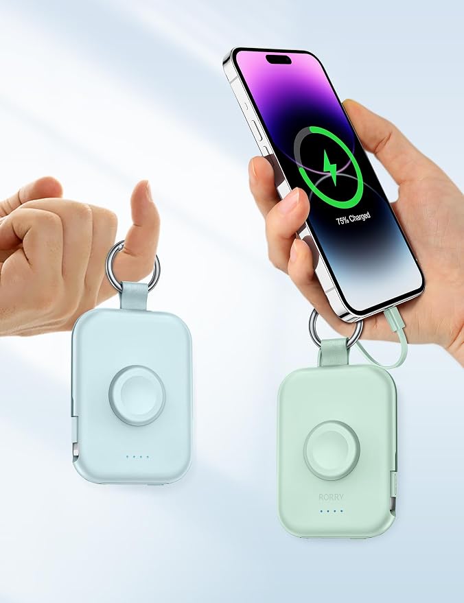 RORRY CharmGo Portable Charger, 5000mAh Portable Charger Power Bank | Built-in Cables,Travel Keychain Battery Pack Essentions for Apple Watch 1~11 Series/Ultra/SE & iPhone Air/17/16/15/14/13/12 - Image 6