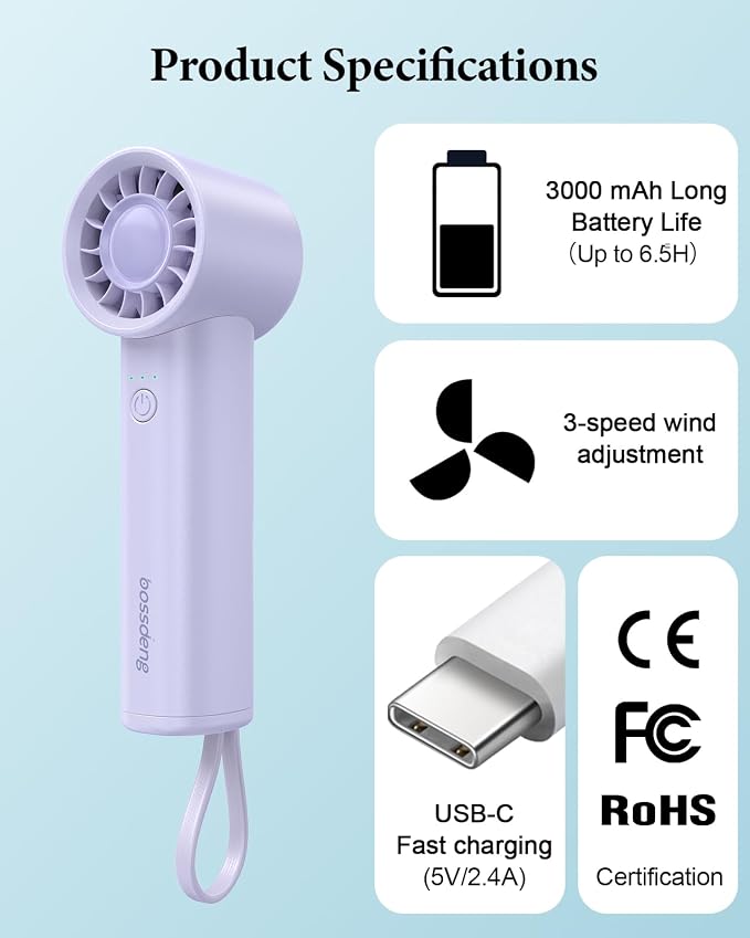 Portable Fan with Power Bank & Flashlight-Purple | 6.5H Max Cooling,USB-C Rechargeable,Mini Fan for Outdoor/Travel/Beach/Concerts/Summer.Gifts for Girl,Women. - Image 8