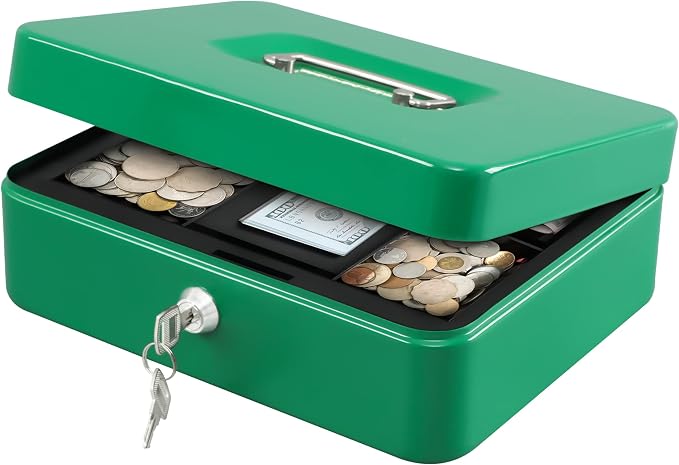 KYODOLED Large Lock Box with Money Tray,Storage Cash Box with Lock,Safe Metal Box for Money,9.84"x 7.87"x 3.54" Green Large by KYODOLED