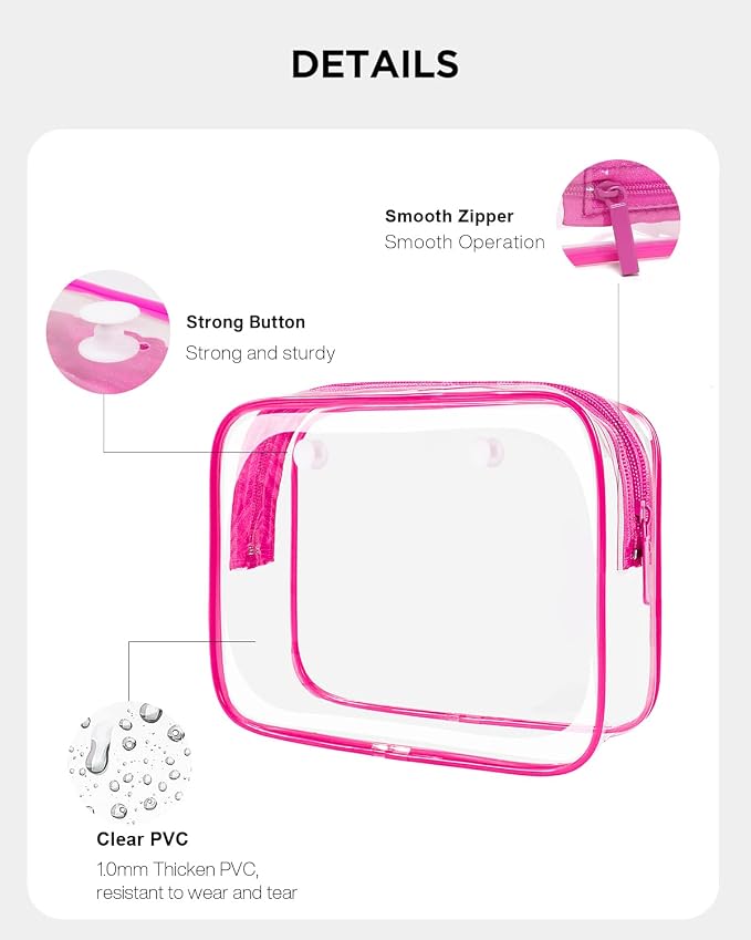 4 Pack Clear Toiletry Bags, Portable Travel Makeup Pouch with Zipper, TSA Approved Organizer, Clear Pouch Bags Compatible With Bogg Bag Divider Accessories(Hot Pink) - Image 7